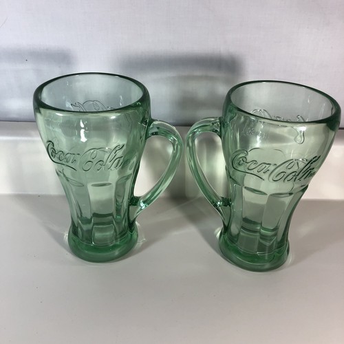 Set of 2 Vtg Coca Cola Drinking Glasses Heavy Green Glass Handled Mug Coke Soda - Picture 3 of 7