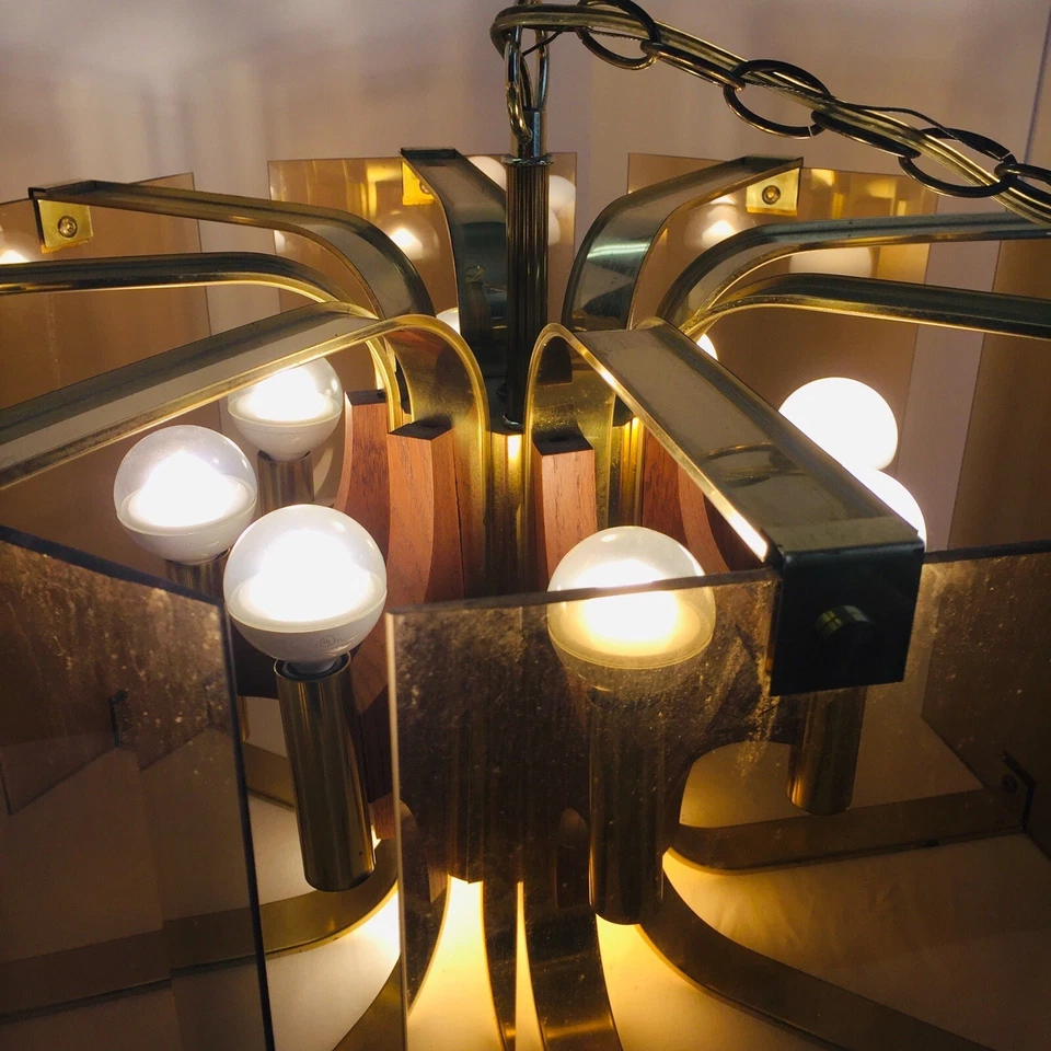 Mid Century Modern 8 Arm 17 Light Chandelier Amber Smoke Glass Oak Brass Vtg - Image 2 of 4