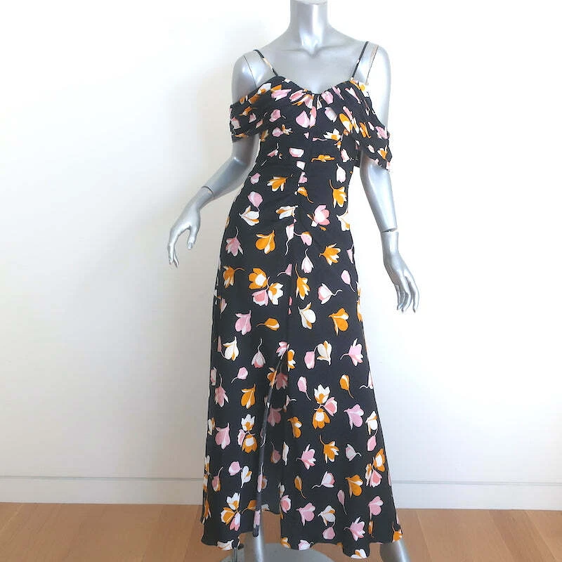 Self-Portrait Off the Shoulder Maxi Dress Black Floral Print Satin Size US 4 - Image 2 of 4