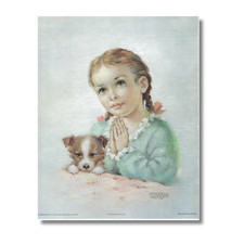Vintage 8 x 10 Wall Art Print Precious Little Girl Praying with Dog Going to Bed