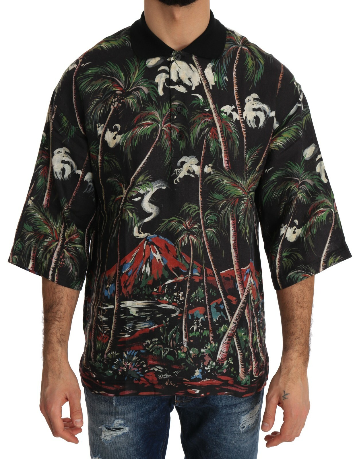 Футболка-поло DOLCE - GABBANA Черный льняной топ Volcano Sicily IT50 L 54990₽