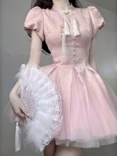  Pink Bow Fashion Elegant Dress  Floral Print Vintage Puff Sleeve  Sweet Dress
