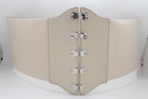 Women Beige Metallic Champagne Wide Corset Belt Hip Waist Silver Hook Buckle S M - Picture 7 of 11