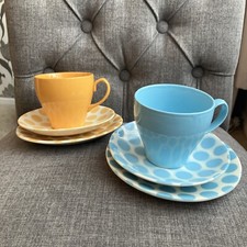 Brand New 1970s Retro Tams Ware Pottery Sets : Cup Saucer Plate - Blue & Orange