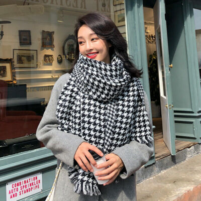 Lady Houndstooth Scarf Shawls Wrap Faux Wool Black White Check