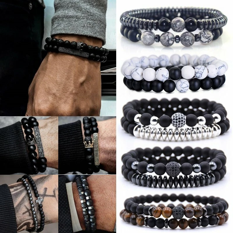 2Pcs Set Natural Stone Men s Beads Bracelet Lava Rock Chakra Elastic Jewelry