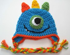 CROCHET BOY MONSTER BABY HAT infant toddler blue cap beanie photo prop USA