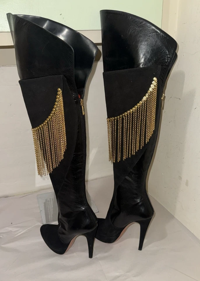 36/6❤️ITALY Francesco Sacco Leather Over Knee High Heels Tall Gold Chain Boots - Image 4 of 4