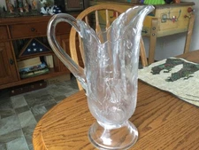Cracked EAPG Dalzell Gilmore Leighton Glass Pitcher w Bicycle Girl  See Pictures