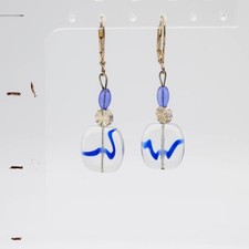 Drop Earrings OS Blue Clear Glass Swirl Lever Back Dangle
