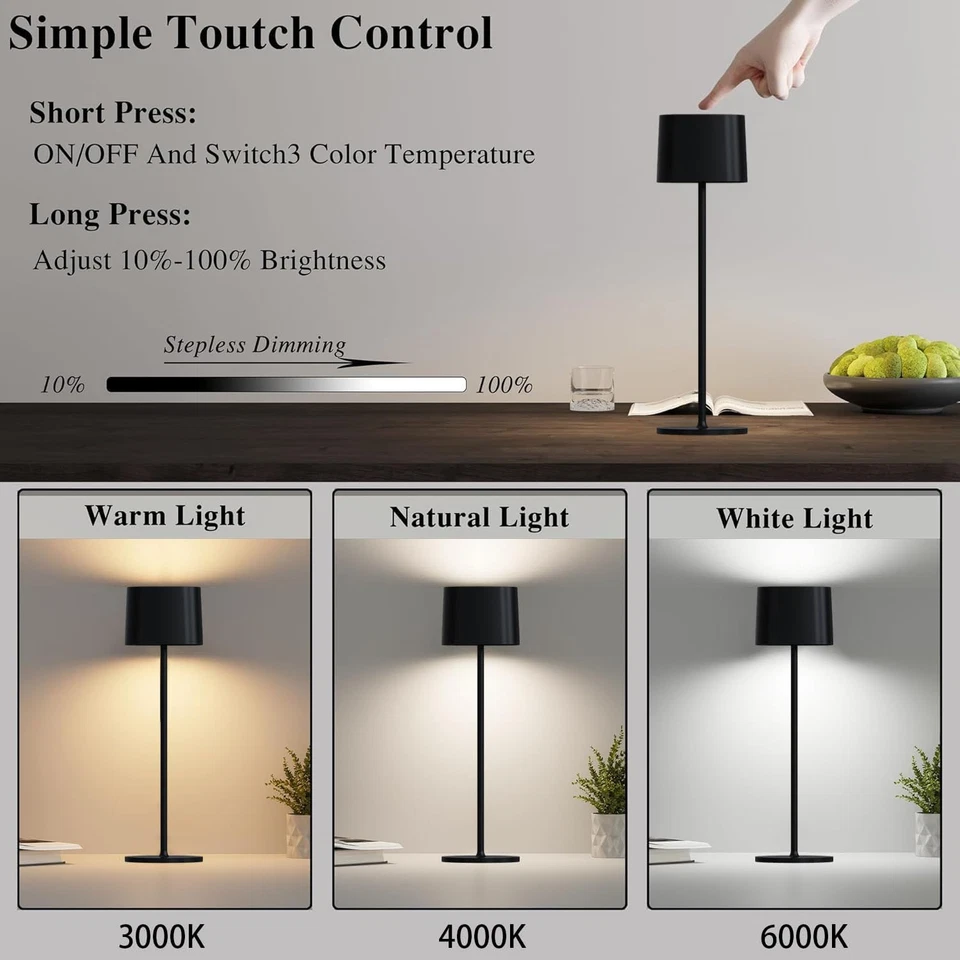 Paquete de 2 lámparas de mesa inalámbricas recargables LED táctiles regulables inalámbricas luces de cabecera Foto 3 de 4