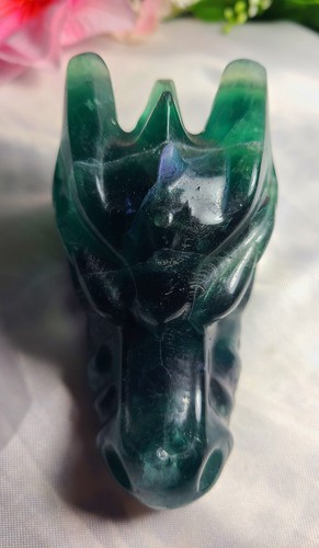 4" A+ 331g Glücklicher grüner Fluorit Drachenkopf Schädel Kristall Schnitzerei Stein Statue - Bild 12 von 24