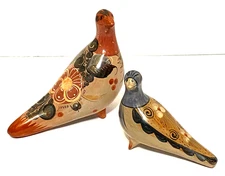 Vtg Tonala Mexican Pottery Hand Painted Folk Art Dove Birds Figurine Set of 2