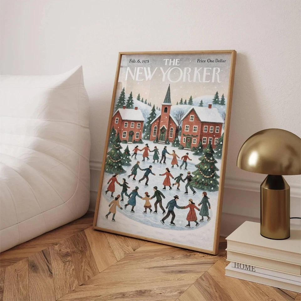 Vintage Christmas Town New Yorker Poster, Snowy Winter Village Holiday Art Print - Изображение 3 из 4