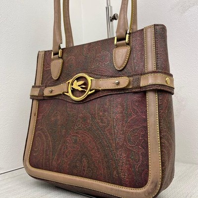 ETRO Pegaso Paisley PVC Leather Brown Tote Bag Handbag Women Authentic