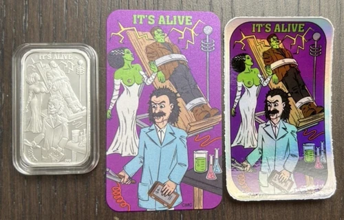 CMG Mint 1 Oz .999 Silver ITS ALIVE Frankenstein Art Bar W/ COA & Sticker