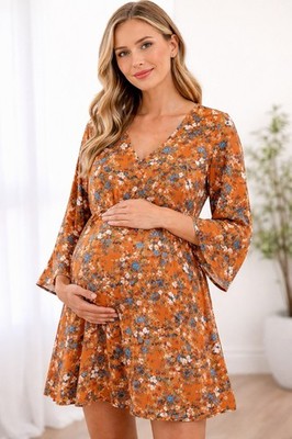 Pinkblush Maternity Dress Sz Medium V Neck Orange Floral Chiffon Long Sleeve