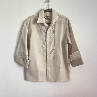 Vintage Lolani Beau Tiki Hawaiian Shirt Cream Beige Lace Men s Size Medium