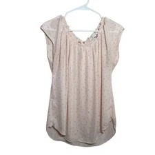 LC Lauren Conrad Blouse Women's Large Cap Sleeve Ruffle Polka Dot Lightweight