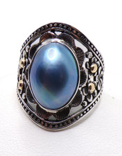 Bali 925 Sterling Silver Black Pearl Ring with Flower Design