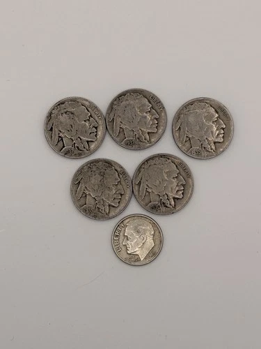Buffalo Nickel 5 Cent Coin Lot (5) + 1960 Dime