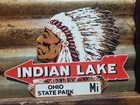 VINTAGE INDIAN LAKE PORCELAIN SIGN OLD OHIO STATE PARK RANGER CABIN LODGE DIECUT