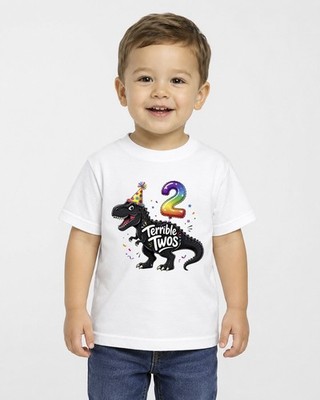 Boys 2nd Birthday T Shirt Terrible Twos Dinosaur Kids Tee Age 2 Party Outfit Top