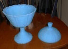 VINTAGE FENTON BLUE SATIN MILK GLASS WILD STRAWBERRY CANDY DISH w LID
