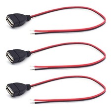 20AWG USB Female Pigtail 2 Wire Short USB 2.0 Female Plug 2Pin 3PCS 0.3M/1FT