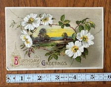 Antique Postcard Birthday Greetings Farm Scene + Flowers 1910