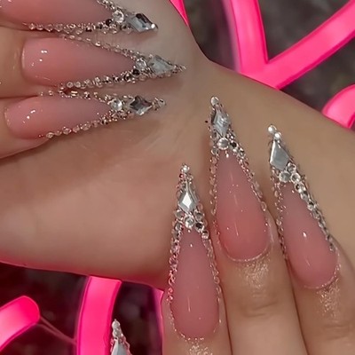 BABALAL Long Stiletto Press on Nails Silver Bling Fake 24Pcs, FNT00bling 