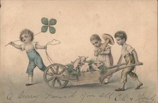 Children with wheelbarrow full of piglets 1909 Paicines, CA Vintage Postcard
