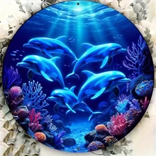Dolphin Paradise Round Aluminum Wall Sign - 8x8 Inch, Ocean-Themed Decor with Vi