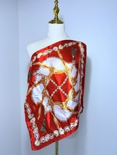 Women's Square Scarf Red White Gold Equestrian Chain  Tassel Print