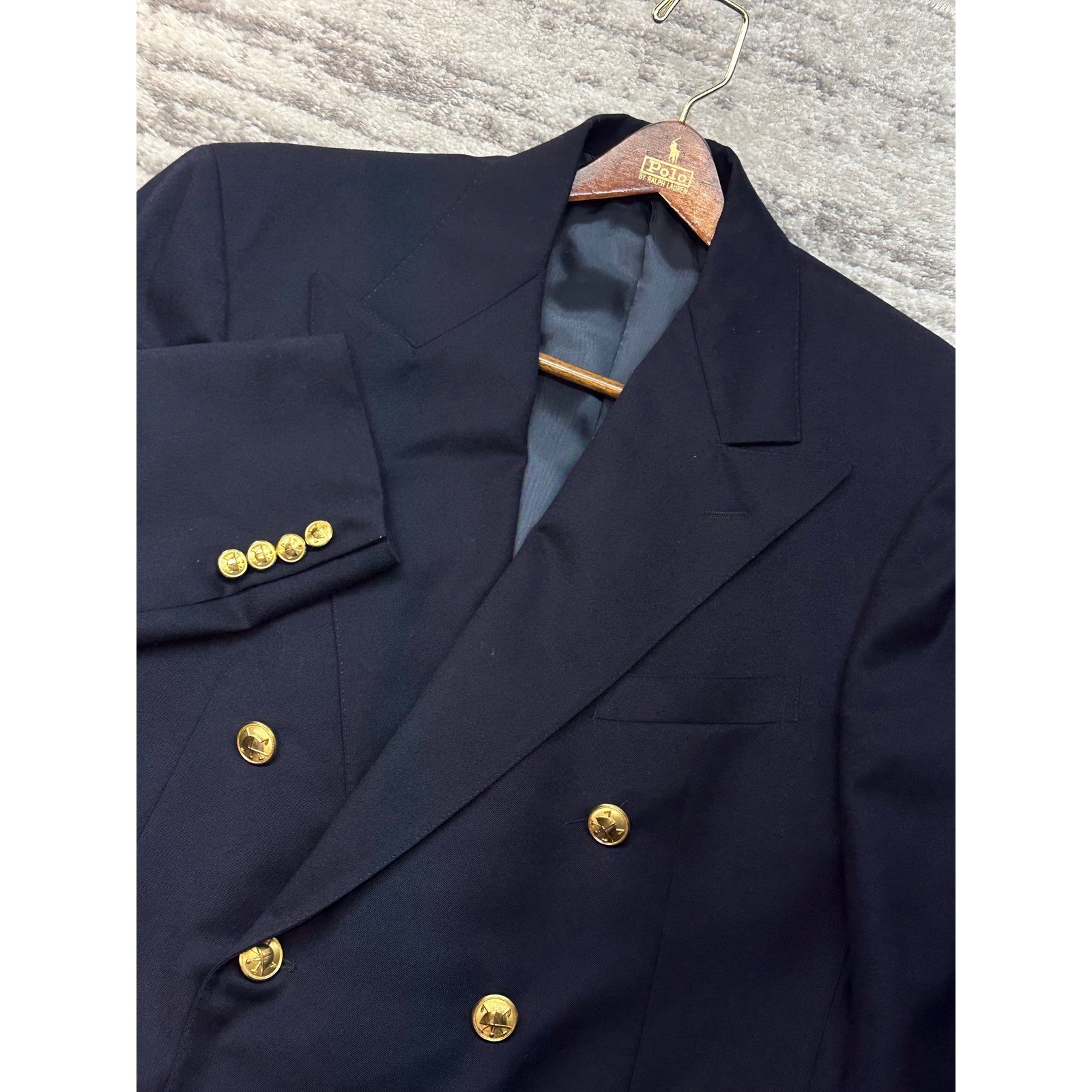 Polo Ralph Lauren Blazer Men 40 Navy Blue Double Breasted Gold Button Wool