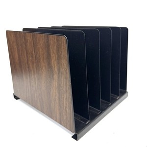 Vintage MCM Desk File Organizer Letter Holder Black/Woodgrain Metal 5 Slot