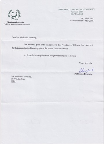 Asif Ali Zardari, President of Pakistan, signed Peace stamp on 3x5 card - Picture 2 of 2
