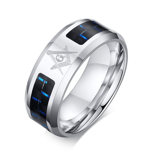 Men Women Blue Carbon Fiber Inlay Masonic Wedding Ring Titanium 8MM Size 6-12 - Picture 4 of 4