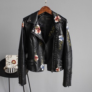 PU manteau Outwears fleur Casual Womens broderie cuir en courte rivet veste New 8Fnx76