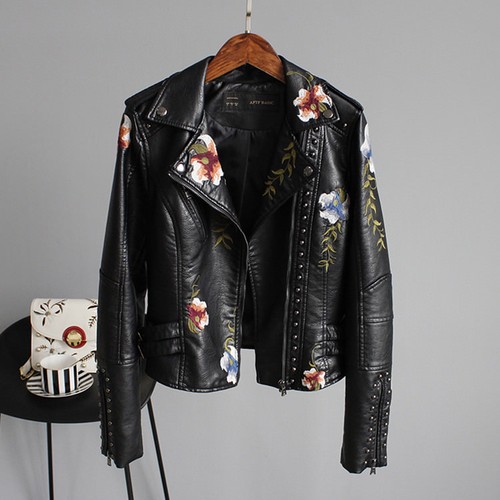 PU manteau Outwears fleur Casual Womens broderie cuir en courte rivet veste New 8Fnx76