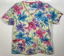Scrub Top womens size M Medium Flowers lilies Sketch Watercolor Look yellow pink
