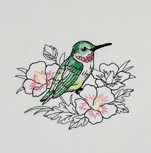 HUMMINGBIRD AND ROSE OF SHARON MACHINE EMBROIDERED FLOUR SACK DISH TOWEL - 第 1/2 張圖片