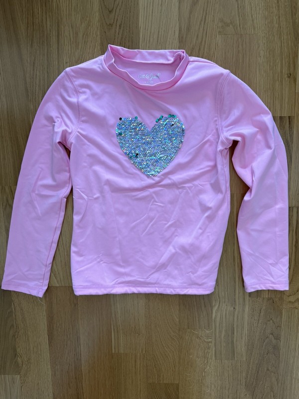 Cat & Jack Long Sleeve Pink Sequin Heart Swim Rashguard T Shirt Girls 4-5