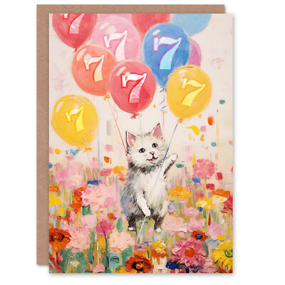 Grußkarte 7. Geburtstag Blumen Kätzchen Katze Luftballons Kinder Alter 7 Jahre Kind