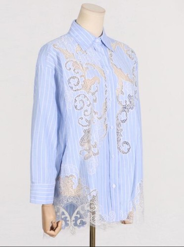 Camicetta donna moda righe pizzo ritaglio girocollo scollato sciolto top camicia 6480 - Foto 3 di 7