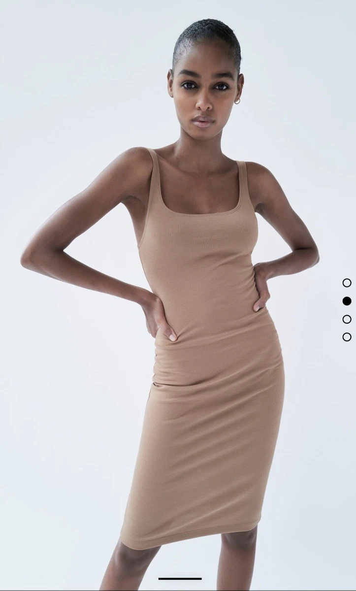 zara camel jersey tank dress midi knee lenght fitted