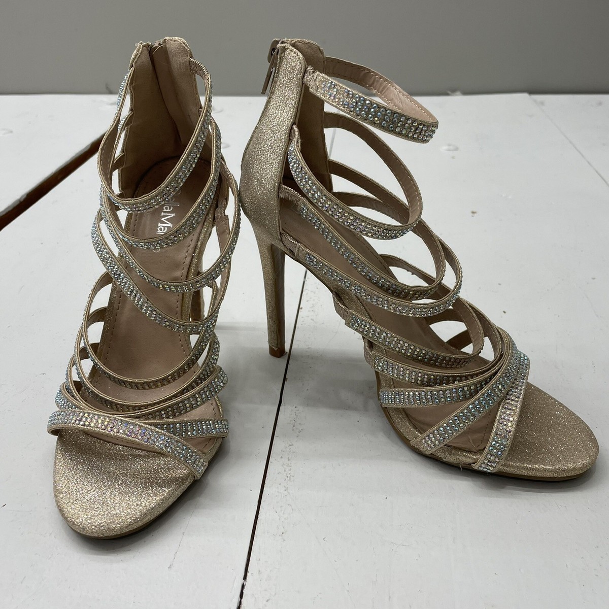 Bella Marie Champagne Glitter Strappy Stiletto Heels Rhinestone