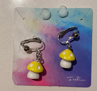 Mushroom Toadstool Dangle Clip On Earrings, Kids Novelty Food