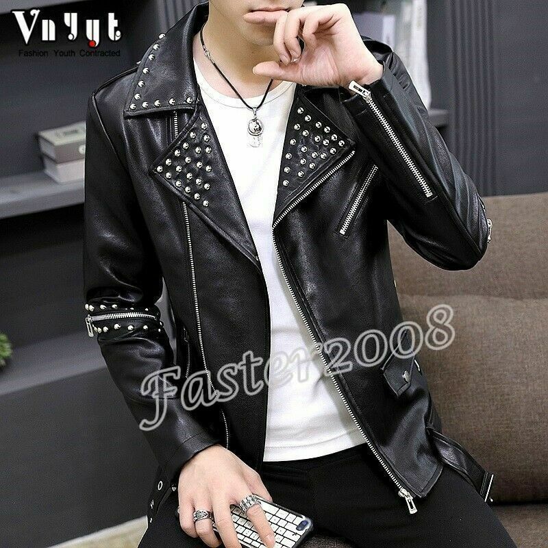 Mens Leather Jacket Rivet Punk Zipper Lapel Motorcycle Metallic