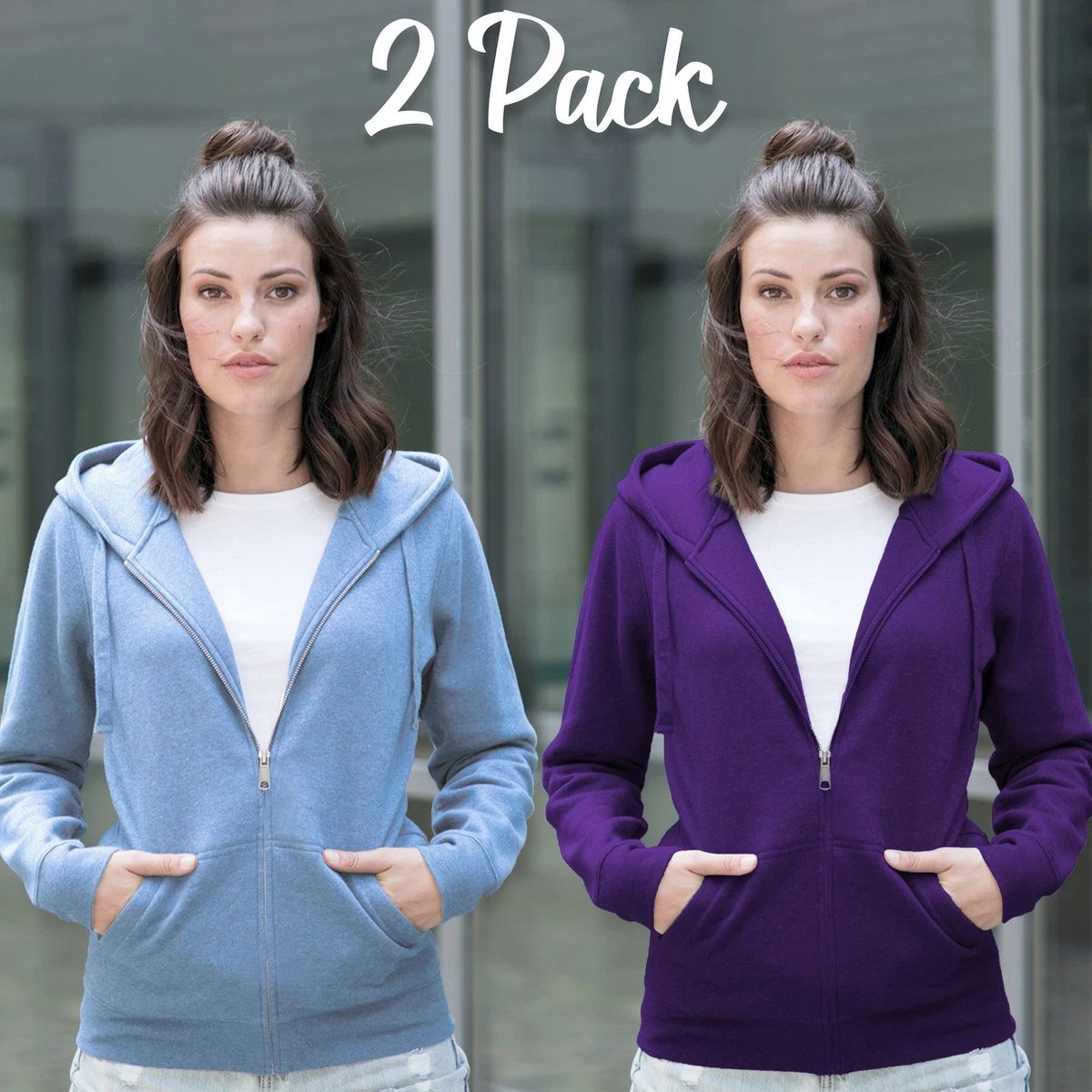 2 Pack Ladies Zip Up Sweatshirt Cotton Rich Hooded Zipped Jumper Purple Sky Blue